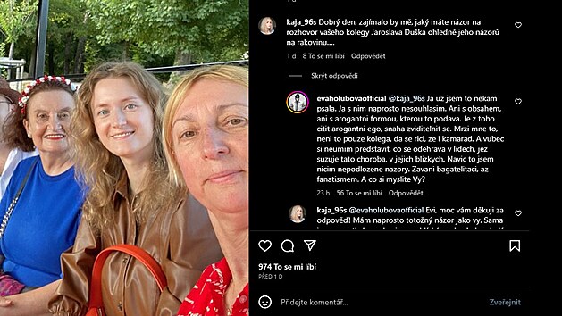 Eva Holubov reagovala na Instagramu na vroky Jaroslava Duka ohledn rakoviny (2023).