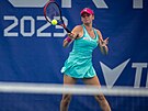 Lucie Havlíková hraje forhend v prvním kole turnaje WTA v Praze.