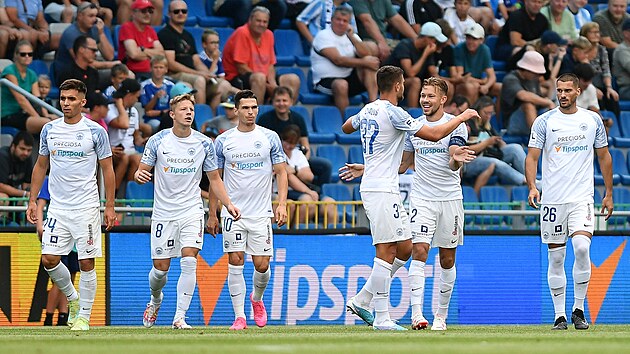 Matej Halusz (third from right) together with his teammates from Liberec celebrating a goal against Mlad...