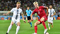 Dánský úto�ník Rasmus Höjlund v reprezenta�ním dresu proti Slovinsku.