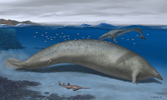 Ilustrace pedstavuje pravkou velryby z Peru pojmenovanou Perucetus colossus,...