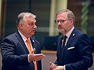 eský premiér Petr Fiala hovoí bhem summitu EU se svým maarským protjkem...