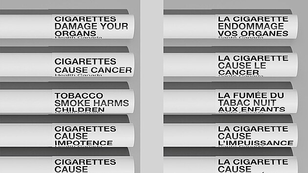Kanada zavd varovn npisy a odstraujc popisky informujc o zdravotnch rizicch kouen na jednotlivch cigaretch. (2. srpna 2023)