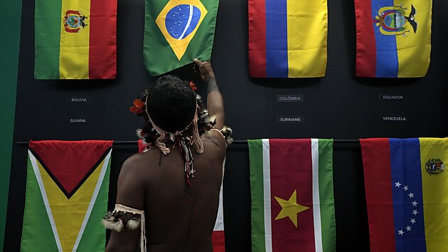 Domorodec dr v ruce brazilskou vlajku ve pavilonu vlajek stt, kter jsou soust Amazonsk smlouvy o spoluprci. (6. srpna 2023)