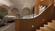 Design velkého, d�evem oblo�eného baru je kompaktn� propojen s obkladem a...