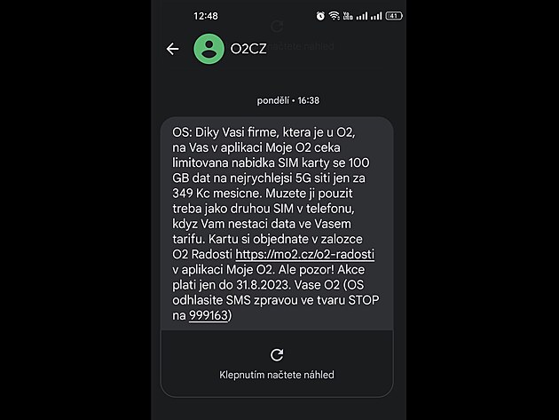 O2 vybran�m z�kazn�k�m rozes�l� informa�n� SMS s nab�dkou 100GB p�edplacenky...