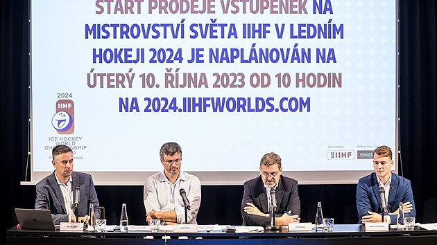 Tisková konferenci k představení herního plánu a cen vstupenek na mistrovství světa v ledním hokeji 2024, které se bude konat v Praze a Ostravě.