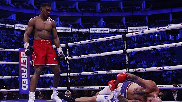 Britský boxer Anthony Joshua (vlevo) sleduje Fina Roberta Heleniuse na zemi.
