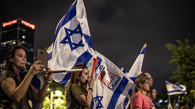 Izraelci protestuj proti justin reform, se kterou pila vlda Benjamina Netanjahua. Snmek pochz z Tel Avivu. (12. srpna 2023)