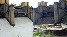 P�ehrada Udawalawa na �rí Lance vyschla. Na snímku vlevo je voda valící se skrz...