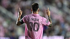 Lionel Messi z Miami se raduje ze své trefy ve čtvrtfinále Leagues Cupu proti...