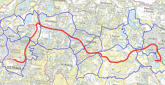 Mapa plánované trasy tramvajové rychlodráhy mezi Ostravou, Rychvaldem, Orlovou...