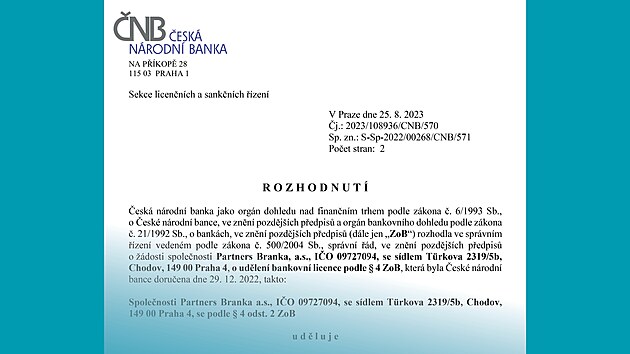 Bankovn licence, kterou NB udlila Partners B(r)ance.