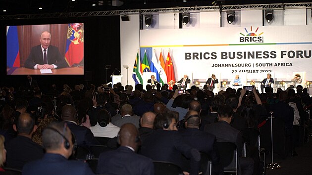 Rusk prezident Vladimir Putin se astn summitu BRICS vzdlen, astnkm poslal video. (22. srpna 2023)