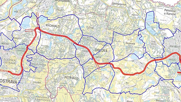 Mapa plnovan trasy tramvajov rychlodrhy mezi Ostravou, Rychvaldem, Orlovou a Karvinou. (29. srpna 2023)