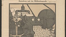 Karikatura z roku 1922 znázoruje vynálezce knihtisku Johannese Gutenberga a...