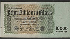 íská bankovka v hodnot 10 bilion marek z 1. listopadu 1923.