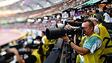 Pohled na noviná�skou tribunu b�hem atletického MS v Budape�ti