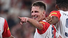 Luká Masopust ze Slavie se raduje z gólu do sít Zorjy Luhansk ve 4. pedkole...