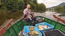 Rybá�i odvá�ejí uhynulé ryby z nádr�e Havraní ostrov v Lovosicích na...