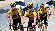Primo� Rogli�, Jan Tratnik a Jonas Vingegaard ze stáje Jumbo-Visma na trati...