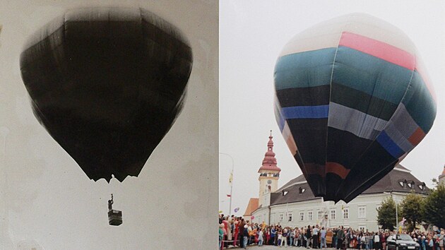 Zkouka balonu Jiho Runkase. Vlevo policejn test letuschopnosti, vpravo zkuebn nafouknut na nmst v Moravskch Budjovicch po roce 2000.