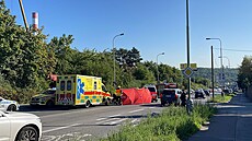 Stet motorkáe a nákladního auta na Praze 4 (5. záí 2023)