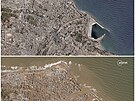 Porovnání satelitních snímk zachycujících msto Darná v Libyi ped záplavami a...