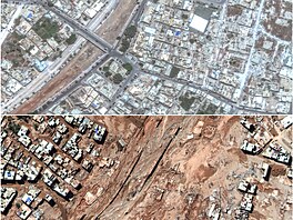Satelitní snímek libyjského msta Darná ped záplavami a po nich (13. záí 2023)