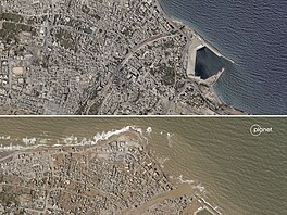 Satelitní snímek zachycující libyjské msto Darná ped záplavami a po nich (13....