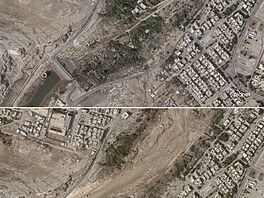 Satelitní snímek zachycující libyjské msto Darná ped záplavami a po nich (13....
