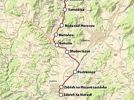 Mapa trati mezi Zbehem na Morav a Hanuovicemi