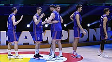 Poraený tým Srbska po finálovém utkání mistrovství svta s Nmeckem.