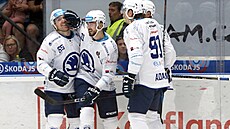 Hokejisté Plzn� se radují z gólu v zápase s T�incem.