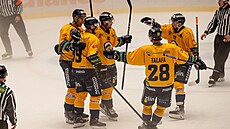 Hokejisté Zlína se radují z gólu v zápase s Porubou.