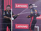 éf týmu Christian Horner a pilot Max Verstappen z Red Bullu se radují po Velké...