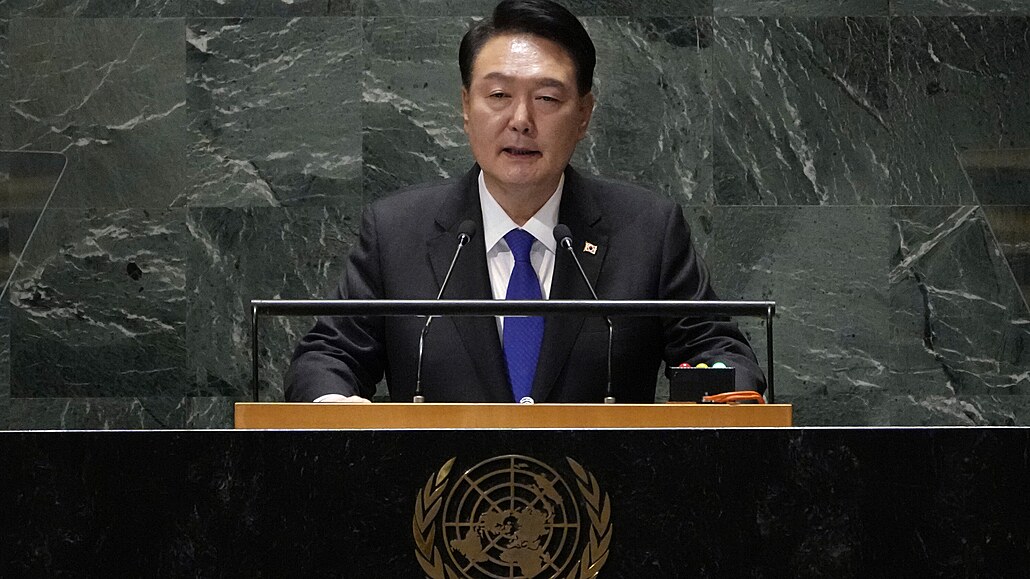 Jihokorejský prezident Jun Sok-jol na summitu OSN. (25. záí 2023)