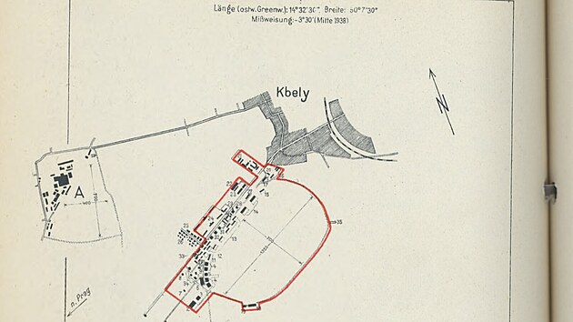 Schematický nákres letiště Kbely z Atlasu československých letišť, vydáno 1. srpna 1938