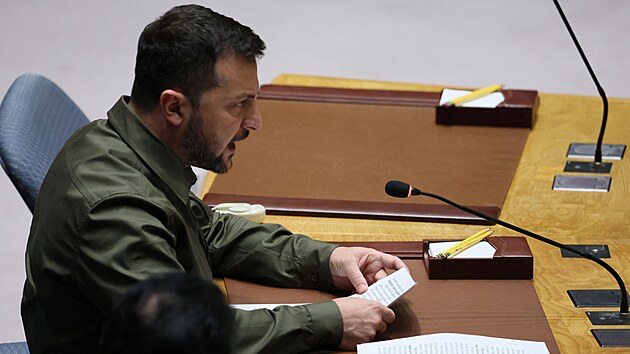 Ukrajinský prezident Volodymyr Zelenskyj vystoupil na zasedání Rady bezpečnosti OSN na ministerské úrovni o krizi na Ukrajině v sídle OSN v New Yorku. (20. září 2023)