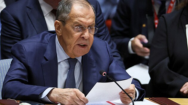 Sergej Lavrov, ministr zahraničních věcí Ruské federace vystoupil na zasedání Rady bezpečnosti OSN na ministerské úrovni o krizi na Ukrajině v sídle OSN v New Yorku. (20. září 2023)