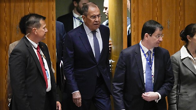 Sergej Lavrov, ministr zahraninch vc Rusk federace vystoupil na zasedn Rady bezpenosti OSN na ministersk rovni o krizi na Ukrajin v sdle OSN v New Yorku. (20. z 2023)