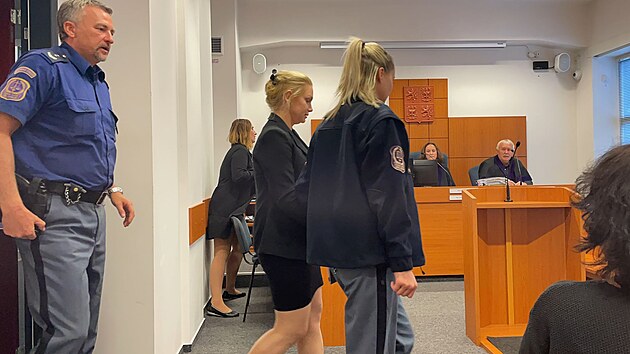 Vězeňská eskorta přivádí k soudu obžalovanou Ivetu Rosenberg.
