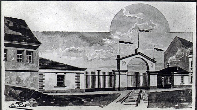 Brána zakončující železniční trať KFNB v Lipníku v roce 1842 na kresbě Erwina Pendla GPS: 49.5298519N, 17.5737889E