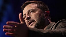 Ukrajinský prezident Volodymyr Zelenskyj hovo�í na Atlantic Council Global...