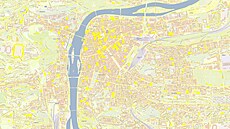 Mapa majetkoprávních poměrů v Praze. Žlutě vyznačené oblasti jsou ve správě...