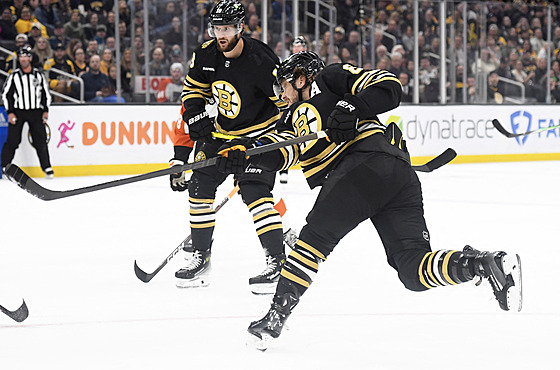 Útoník Bostonu Bruins David Pastrák stílí v pípravném utkání s Philadelphií.