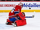 Branká Montrealu Canadiens Jakub Dobe zasahuje v pípravném utkání s Torontem...