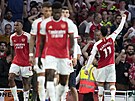 Fotbalisté Arsenalu oslavují gól, který vstelil Gabriel Martinelli (vpravo)...