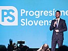 Lídr strany Progresivní Slovensko na tiskové konferenci ve svém volebním tábu...