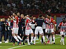 Fotbalisté Crvene zvezdy se spolen s lavikou radují z gólu do sít Young...